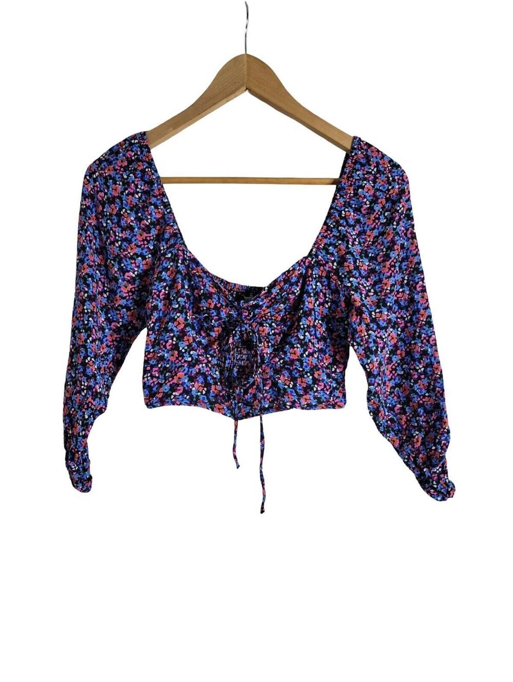 Zara Floral Print Crop Top Cutout Design Pull String Front Smocked Back Size S